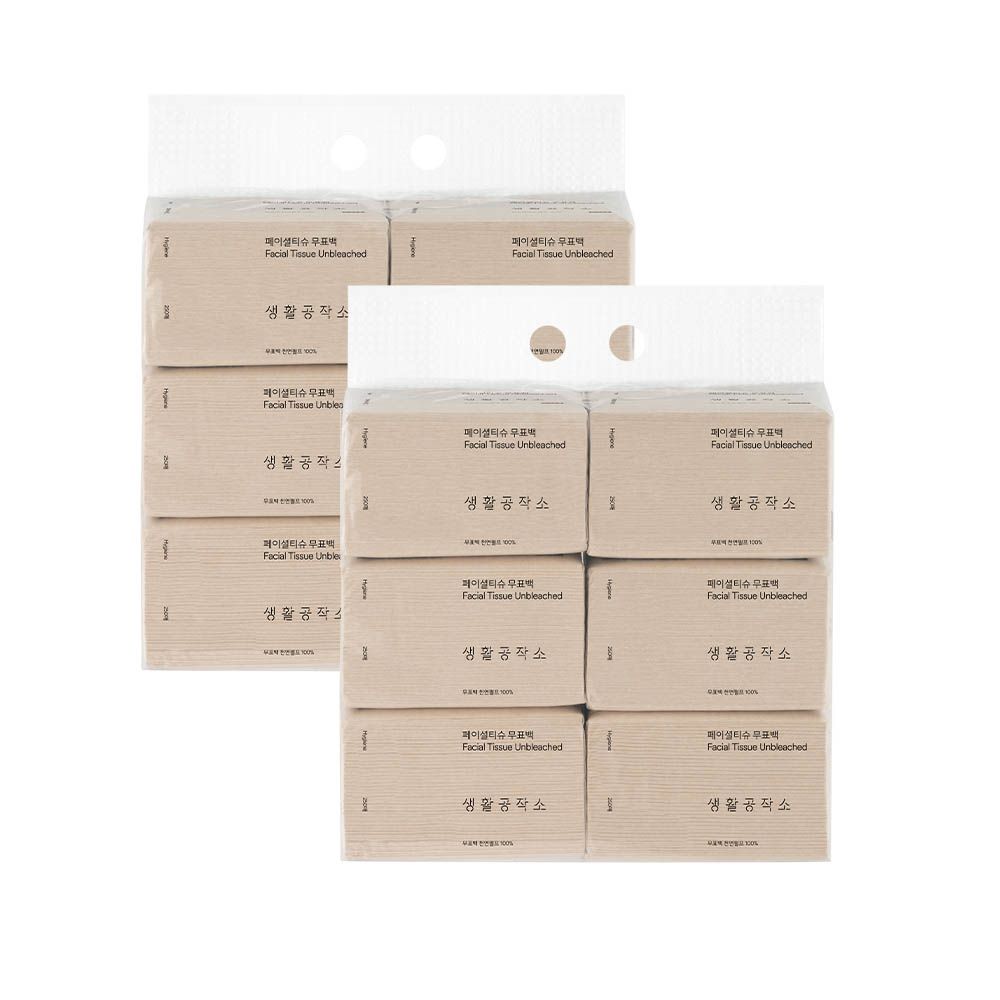 Saenghwal Gongjakso Unbleached Facial Tissue 100% Natural Pulp Soft Travel Size 6 Packs * 2 
