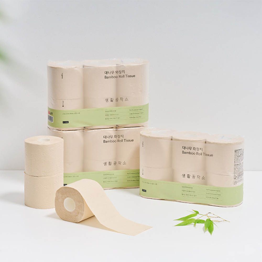 Saenghwal Gongjakso 100% Bamboo Toilet Paper 27m 3-Ply 6-Rolls x 2 Sets Total 12-Rolls Unbleached _ Made in Korea