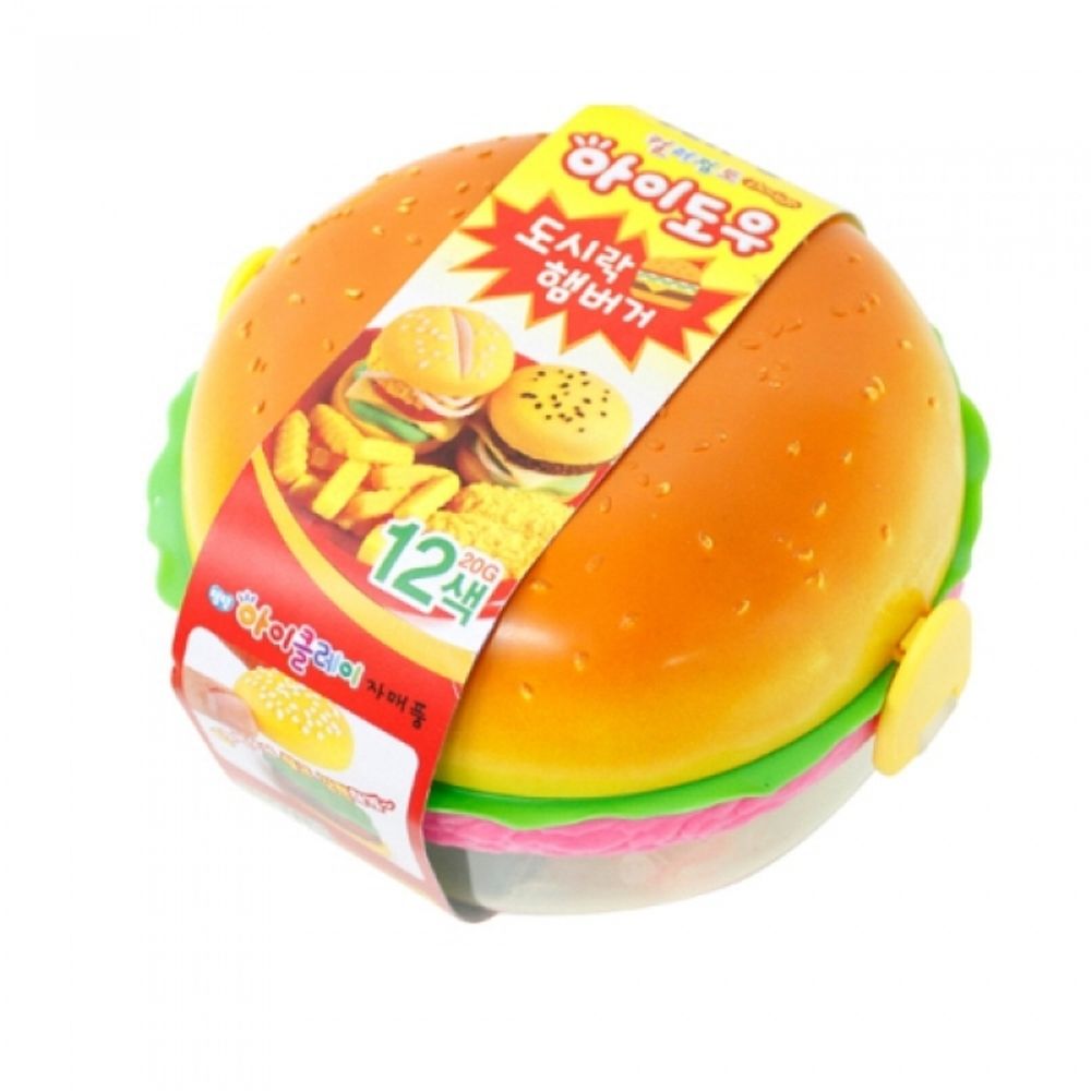 AMOS I-Dough Lunch Box & Burger Maker Set 20g x 12 Colors Wheat-Based Soft Modeling Clay Kit Made in Korea