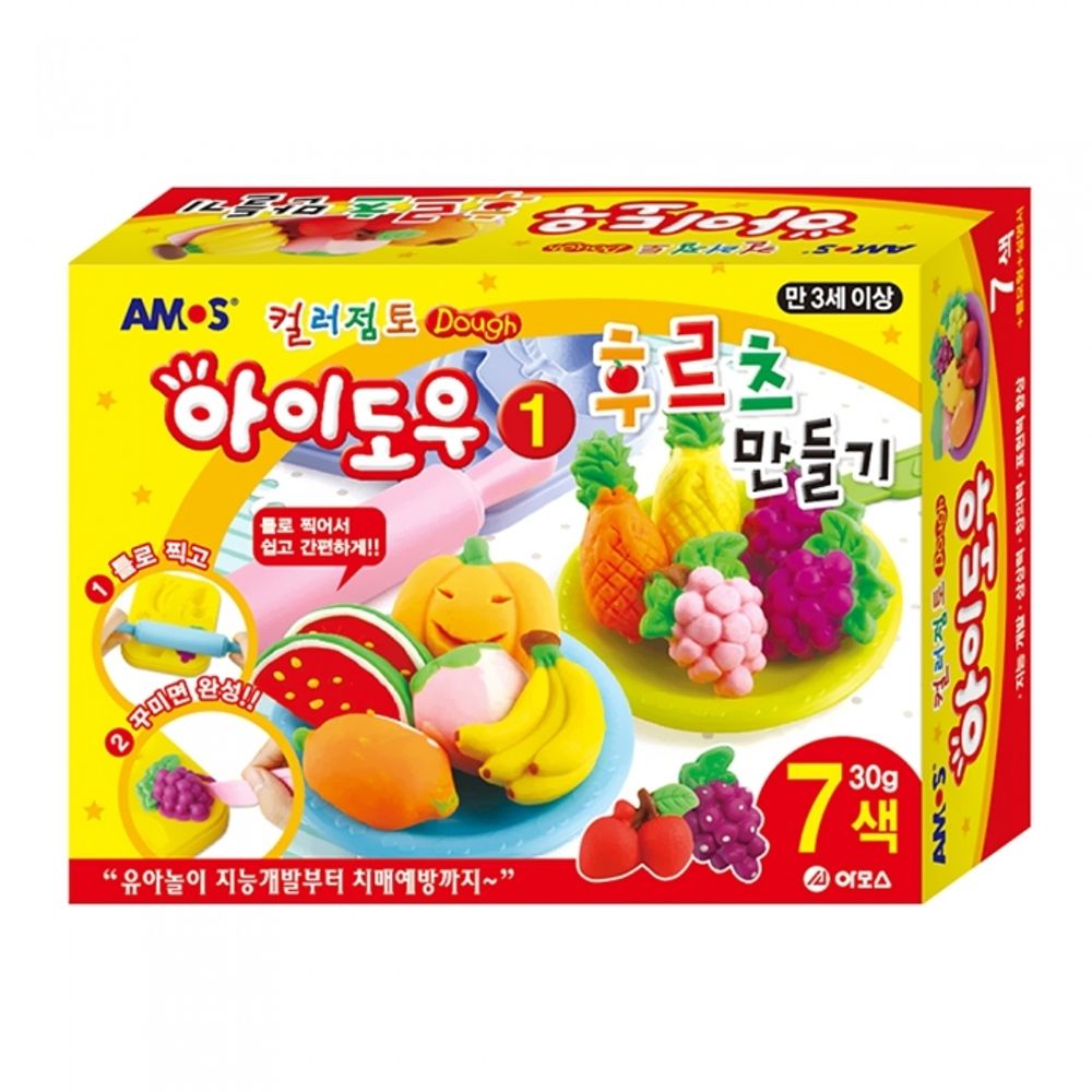 AMOS I-Dough Fruits Maker Set 30g x 7 Colors Wheat-Based Soft Modeling Clay Kit Made in Korea