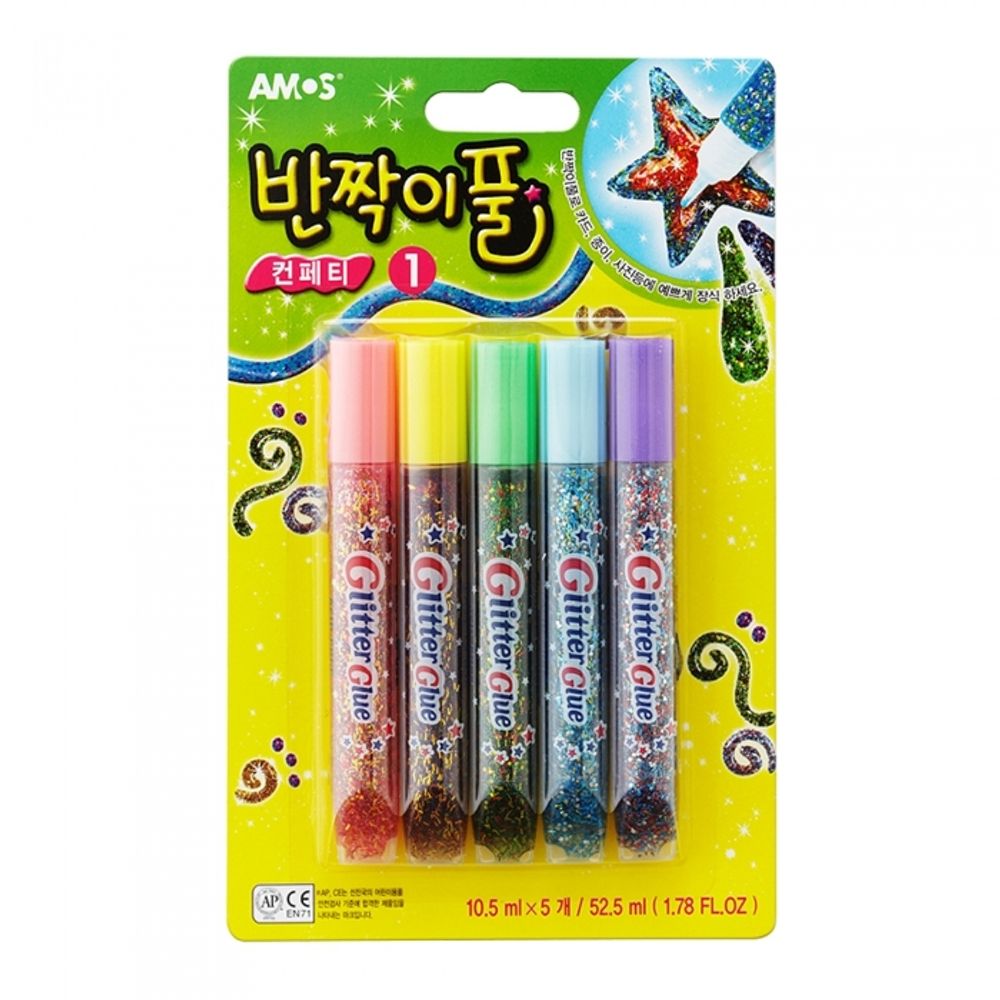 AMOS Glitter Glue Confetti 5 Colors Set 10.5ml Multi-Tone Sparkling DIY Art Deco Made in Korea