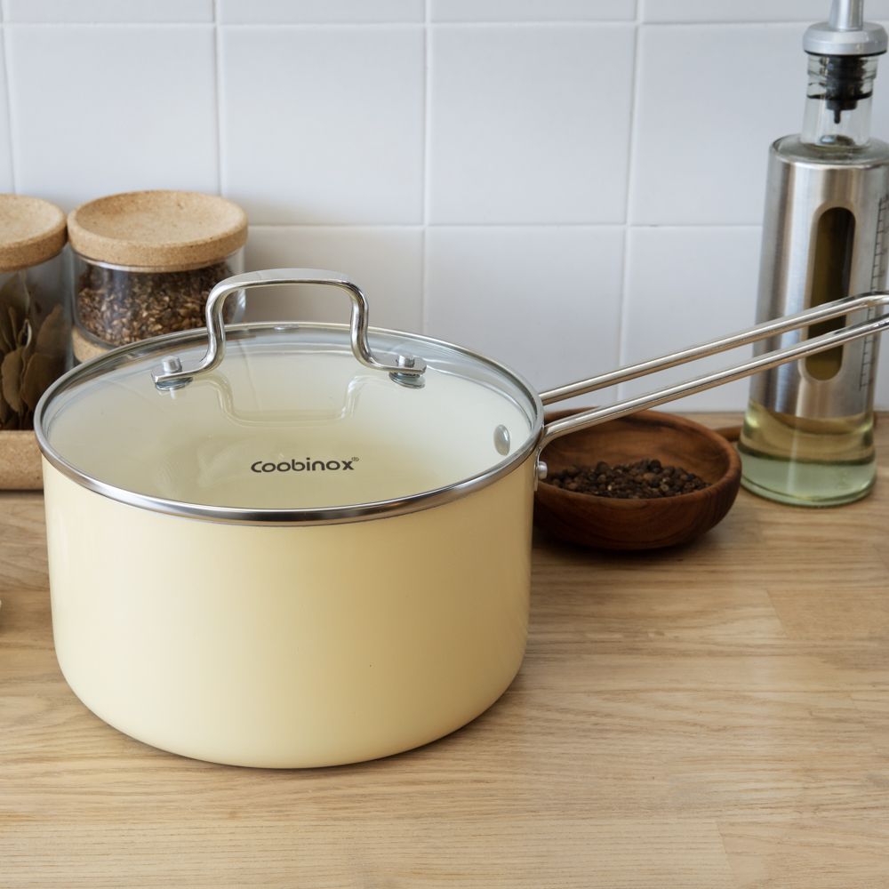 Coobinox® MUSH Cream Ceramic Coating Induction Saucepan 18cm(CO-13-03) Non-Stick Aluminum Body with Glass Lid