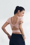 Cielcoco LWT4040 Back Shirring Strap Cropped Top Women Activewear Workout Bra Top Sports Shirt _ Peach Pink _ Made In Korea
