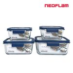 [NEOFLAM] GLACÉ 4 Pack Glass Locking Lids Food Storage Containers-Patented Clip System, for Microwave, Oven, Freezer and Dishwasher-Made in Korea
