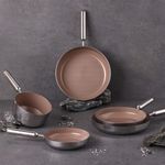 NEOFLAM Edge Stainless Steel Brown IH Frying Pan 5-Piece Set (18cm Milk Pan, 20cm Frying Pan, 24cm Frying Pan, 28cm Frying Pan, 28cm Wok Pan)