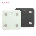 iRiver Smart Body Fit Scale SB-T220B, 18 measurement modes including body fat, muscle mass, BMI index measurement, and target weight setting, measuring in 100g increments from 2kg up to 180kg, premium tempered glass