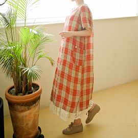 [Natural Garden] MADE N Side pocket check short sleeve linen dress_High quality material, light linen material_ Made in KOREA