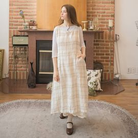 [Natural Garden] MADE N Lithuanian Linen Big Check Dress_High quality material, linen material, side slit mother-of-pearl button_ Made in KOREA