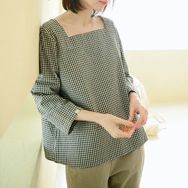 [Natural Garden] MADE N Square Neck Levitt Embroidery Linen Check Blouse_High quality material, linen material, square neck_ Made in KOREA