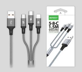 [S2B] SPEEDY 3in1 Fast Metal Fabric PD Cable 1.5m(5ft) _  Multi Charging Cable, Lightning/Type C/Micro USB Port Connectors Compatible with Cell Phones Tablets and More, Simultaneous Charging