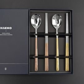 [HAEMO] Golf Titanium&Pink Gold Couple Cutlery 2 Set- Spoon Chopsticks Korean Cuisine Stainless Steel Cutlery-Made in Korea