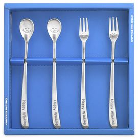 [Haemo] Happy Winking Medium Tea Spoon & Fork 4P Set – Cute Character Design, Premium Stainless Steel, Made in Korea