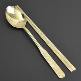 [HAEMO]Ginseng titanium Spoon Chopsticks _ Reusable Stainless Steel Korean Chopstix Spoon Tableware Home, Kitchen or Restaurant