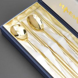 [HAEMO] gold-plate Spoon Chopsticks 2 Set (Silk box) _ Reusable Stainless Steel, Korean Chopstick Spoon _ Made in KOREA