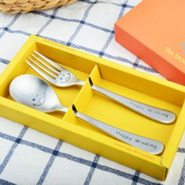 [HAEMO] Happy Winking Children's Spoon & Fork 2P Set  _ Reusable Stainless Steel Korean Chopstix Spoon Tableware Home, Kitchen or Restaurant