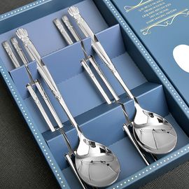 [HAEMO] Ribbon Spoon Chopsticks  2Set _ Reusable Stainless Steel Korean Chopstix Spoon Tableware Home, Kitchen or Restaurant