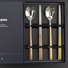 [HAEMO] Golf Pink Gold Couple Spoon, Chopsticks 2 Set (Silk box)(BK)_ Reusable Stainless Steel, Korean Chopstick _ Made in KOREA