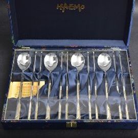 [HAEMO] Golf gold Spoon Chopsticks, 4 Set (Gold thread box) _ Reusable Stainless Steel, Korean Chopstick Spoon, Tableware _ Made in KOREA