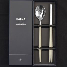 [HAEMO] Venezia Spoon Chopsticks Ivory 1Set (BK) _ Reusable Stainless Steel Korean Chopstix Spoon Cutlery Tableware Home, Kitchen or Restaurant, Made in Korea