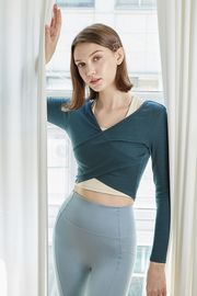 [Cielcoco] CLWT8071 Fogny Ribbed Long Sleeve Blue Green, Gym wear, Sweats, Sportswear, Jogging Clothes, T-shirts, Fashion Sportswear, Casual tops For Women _ Made in KOREA