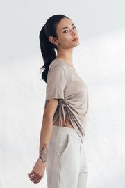 Cielcoco CLWT8103 Silky Shirring Short Sleeve Women Rayon Soft Workout Top T-Shirt _ BEIGE _ Made in Korea