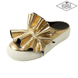 [KUHEE] 3.5cm Crack Mule(6735)-GD-Ruffle Genuine Leather Airfit Flat Shoes Sandals Slippers Shoes-Made in Korea