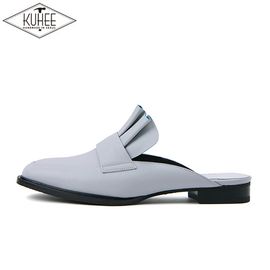 [KUHEE] Ruffle Mules Slippers 2cm(7043)-Loafer Ruffle Genuine Leather Basic Middle Heel Shoes-Made in Korea