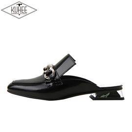 [KUHEE] Chain Bloafers Mules 2cm(7051-BK)-Metal Genuine Leather Basic Slipper Shoes-Made in Korea