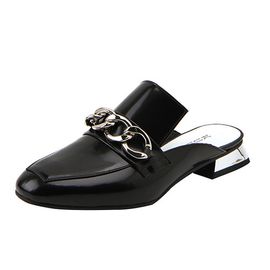 [KUHEE] Chain Bloafers Mules 2cm(7051-BK)-Metal Genuine Leather Basic Slipper Shoes-Made in Korea