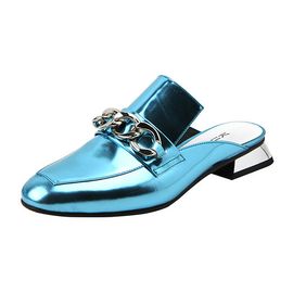 [KUHEE] Chain Bloafers Mules 2cm(7051-BL)-Metal Glossy Genuine Leather Basic Slippers Shoes-Made in Korea