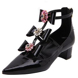 [KUHEE] Ribbon Flower T-Strap Pumps 4cm(7023)-Middle Heel Ribbon Jewel Decoration Party Shoes-Made in Korea
