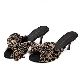 [KUHEE] Sandals 2059k 7cm - Ribbon Embellished Open Toe Fabric Shirring Leopard Handmade Shoes - Made in Korea