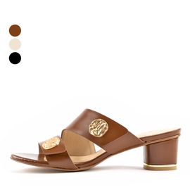 [KUHEE] Sandals 9107K 4cm-Button-Embellished Middle Heel Strap Slippers Open-toe Sling Bag Handmade Shoes-Made in Korea