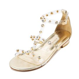 [KUHEE] Sandals 9145K 1.5cm-Open Toe Transparent Strap Jewel-Decorated Flat Summer Daily Handmade Shoes - Made in Korea
