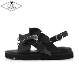 [KUHEE] Sandals RUFFLY 7102 2cm_BK-Leather Slippers Open-Toe Slingback Casual Handmade Shoes-Made in Korea
