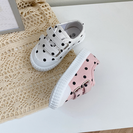 [GIRLS GOOB] Toddler Classic Dots Canvas Sneakers Casual Slip On Adjustable Hook and Loops Walking Shoes for Toddler/Little Kids - Made In KOREA