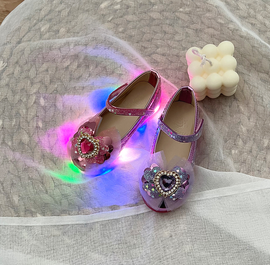 [GirlsGoob] Girls Glitter Fashion Big Heart Mesh Ribbon Party Dress Shoes Flat for Kid Toddler with Flashing Light Made in Korea