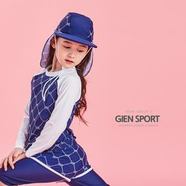 [Gienmall] Boys Girls Kids Two Piece Rash Guard Swimsuits+Sun Hat Sets-Long Sleeve Swim Trunk Sunsuit Swimwear-Made in Korea