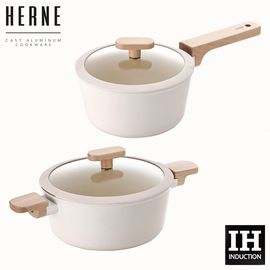 [NEOFLAM] Herne IH 2-Piece Pot Set (Single-Handle 18cm + Double-Handle 20cm) Cream Beige, Eco-friendly Ceramic Coating, PFOA and PFOS-Free, Can Be Used On Induction, Gas Stove, Highlights - Made in Korea