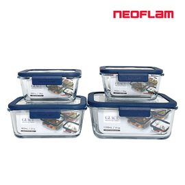 [NEOFLAM] GLACÉ 4 Pack Glass Locking Lids Food Storage Containers-Patented Clip System, for Microwave, Oven, Freezer and Dishwasher-Made in Korea
