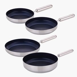NEOFLAM Edge Stainless Steel Blue IH Cookware 4-Piece Set (20cm Frying Pan, 24cm Frying Pan, 28cm Frying Pan, 28cm Wok Pan)