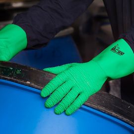 HANDMAX Rough Grab Multipurpose Rubber Gloves NO.311, natural rubber (latex), cotton lining, entire hand non-slip crinkle treatment, length 30cm, EN ISO 374-1:2016 Type A