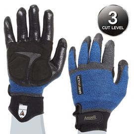 ANSEL ActivArmr Heavy Duty Work Gloves 97-003, ANSI cut level 4, Anti-cut Anti-vibration gloves, Nitrile foam coated, Gel pad Gloves, Kevlar yarn, Stainless steel yarn, Nylon, Spandex yarn.