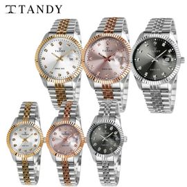 [TANDY] Luxury Couple Metal Watch T-3909 – 12 Austrian Stones, Cyclops Lens Over 3H Date Window, Elegant Design, Stainless Steel Band