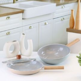 [M.v.Eisenberg] ERST IH Ceramic Pan Series – 28cm Frying Pan, 28cm Wok | Non-Stick, Natural Mineral Coating, Induction-Compatible, Easy to Clean, with Elegant Wood Handle