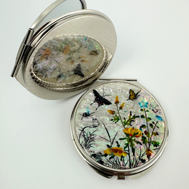 NAMIN Craft Korean Traditional Mother-of-Pearl Double-Sided Compact Mirror (70mm x 75mm), Tiger Butterfly and Flower – Made in Korea, Authentic Handicraft & Souvenir
