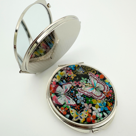 NAMIN Craft Korean Traditional Mother-of-Pearl Double-Sided Compact Mirror (70mm x 75mm), Butterfly And Flower – Made in Korea, Authentic Handicraft & Souvenir