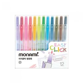 [Monami] Easy Click Highlighter Pen 12 Color Set | Retractable Capless Design | Chisel Tip 1.4–4.0mm | Designed in Korea