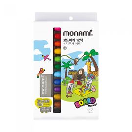 [Monami] Whiteboard Marker 12 Color Set + Magnetic Eraser | 2mm Round Nib | High Erasability/KC Certified | Made in Korea
