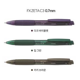[Monami] FX-ZETA C3 3-Color Oil-Based Ballpoint Pen 0.7mm (Dark Body) | Low-Viscosity Ink/Quiet Knock | Rubber Grip | Made in Korea